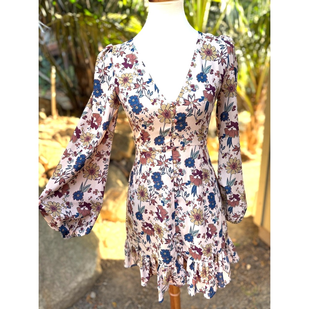 Vintage Style Boho Floral Fall Mini Dress XS Button Up Bishop Puff Sleeve Hippie